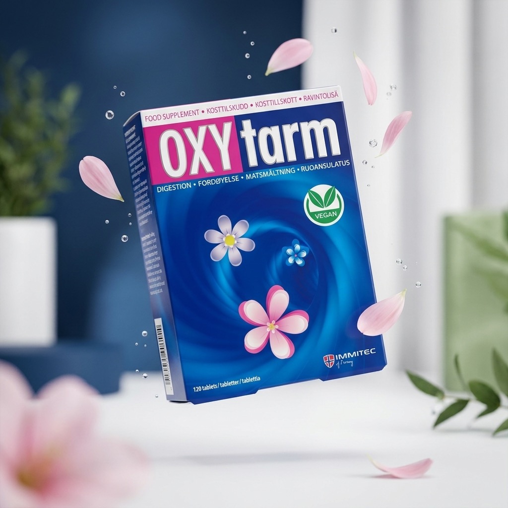 OXYtarm produkteske med rosa blomsterblader