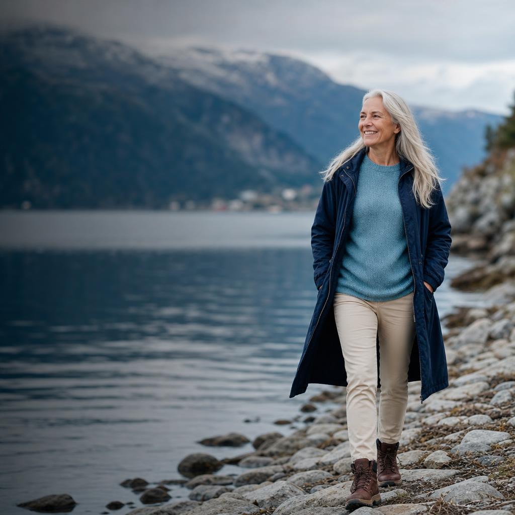 Kvinne over 65 på tur ved fjorden