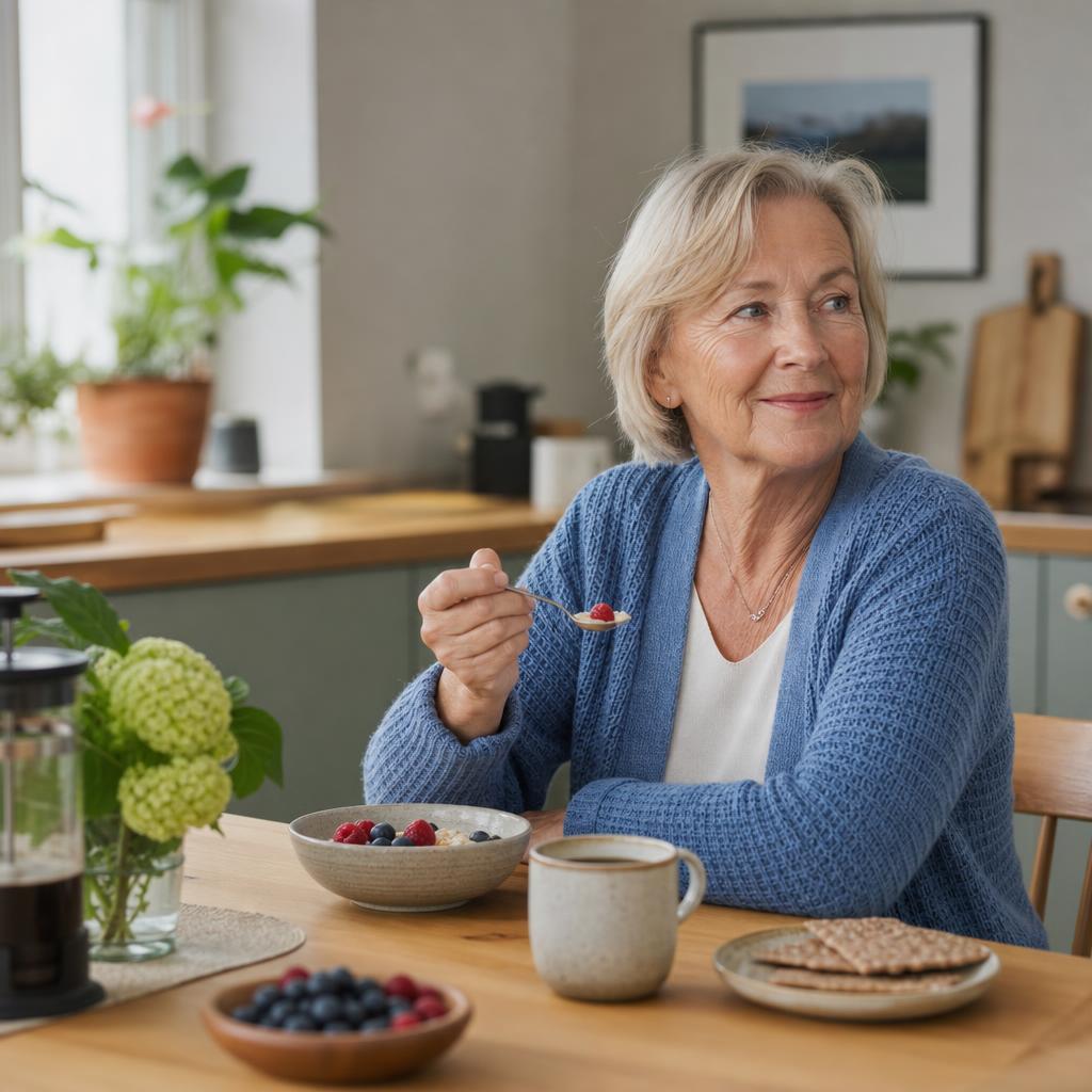 Kvinne over 65 ved frokostbordet hjemme